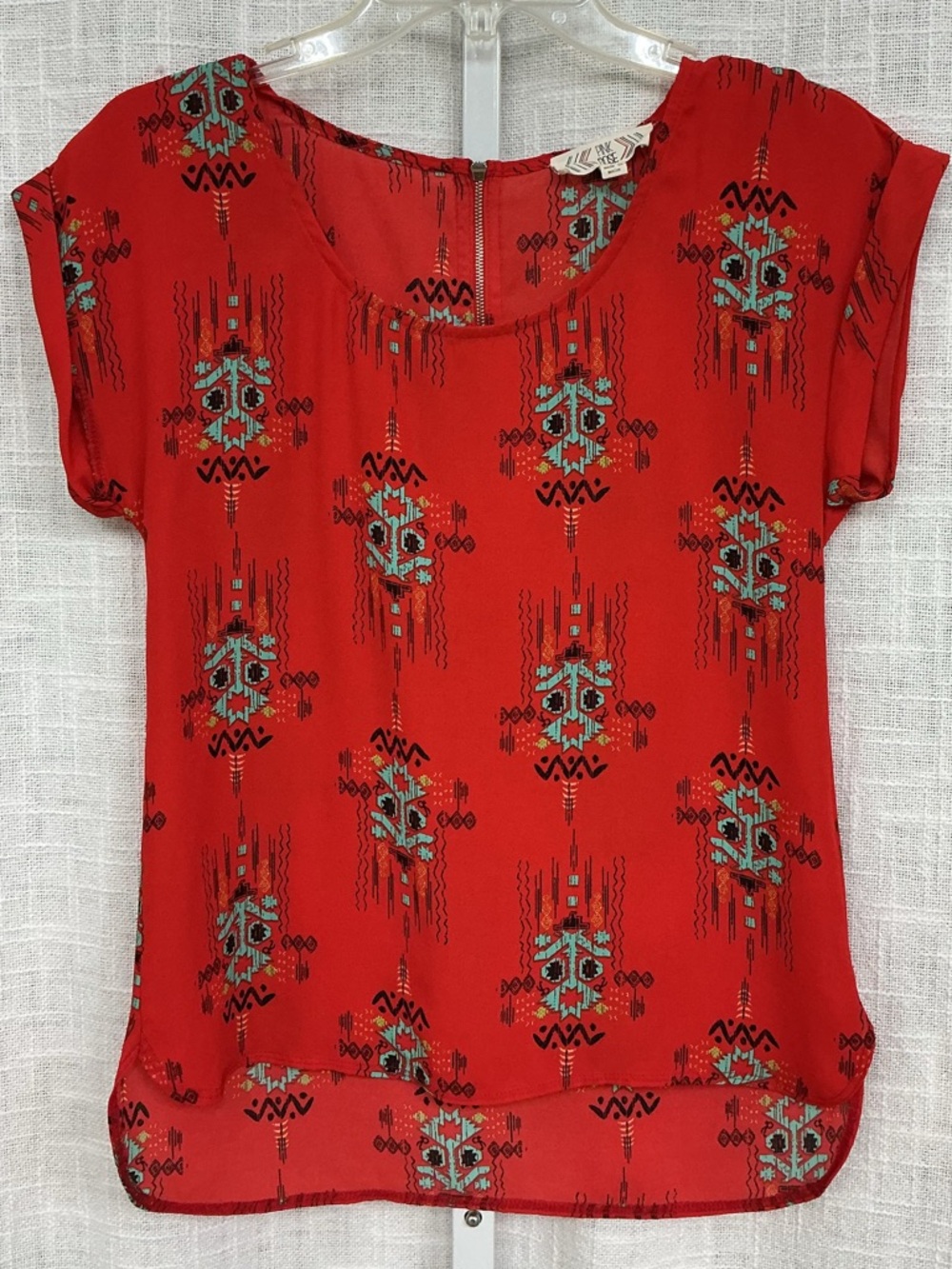 Pink Rose Red Printed Cap-Sleeve Blouse with Teal Accents